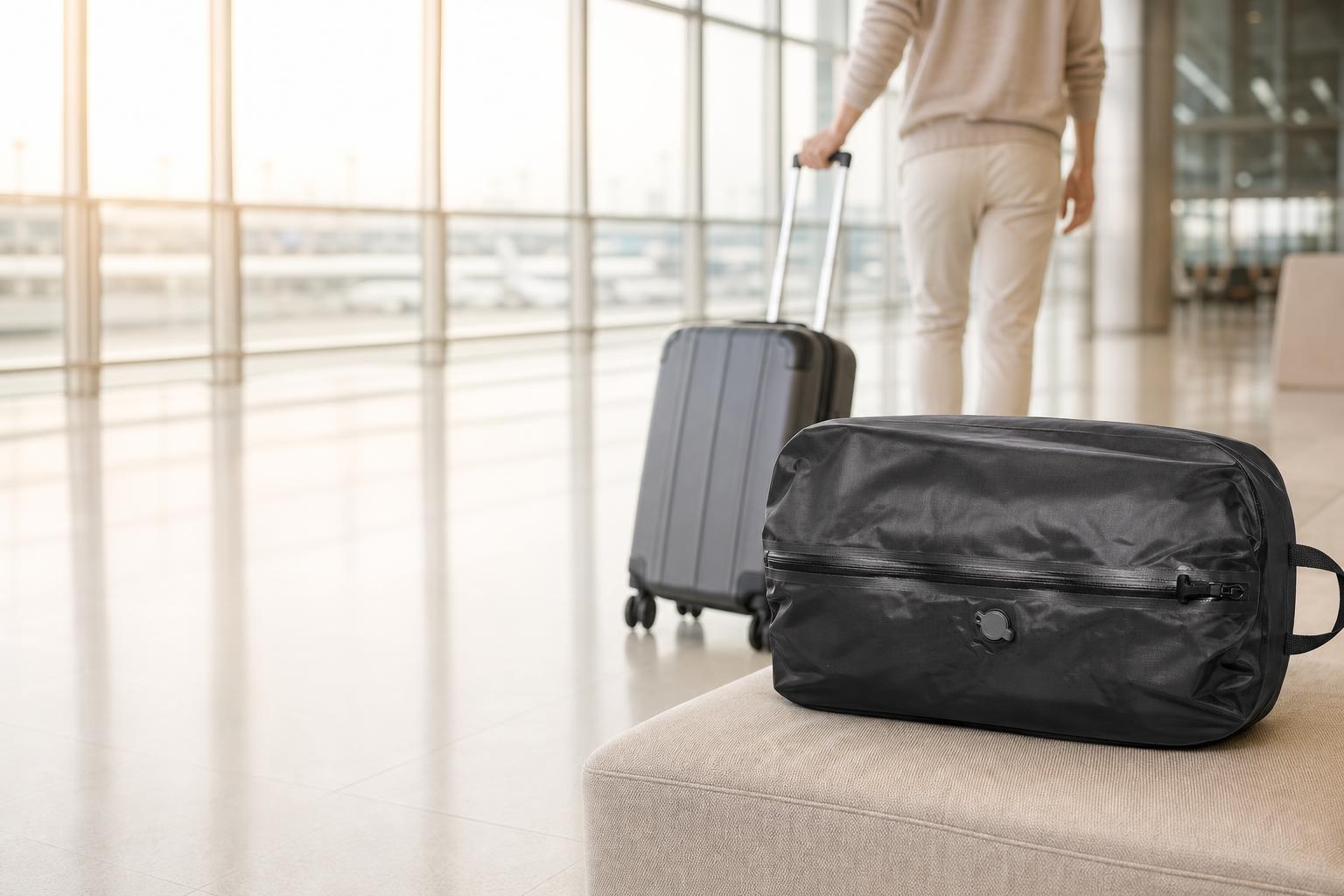 Viajero en un aeropuerto con maleta de cabina y bolsa PackWise